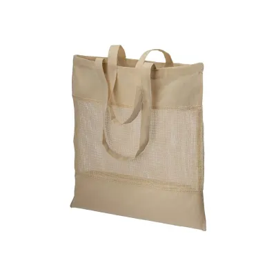 Pungă de cumpărături din bumbac natural, de 135 g/m², cu plasă în partea centrală și mânere lungi – cu logo-ul firmei