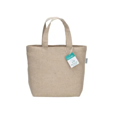 Pungă de cumpărături din bumbac reciclat, de 150 g/m², cu mâner scurt – cu logo-ul firmei