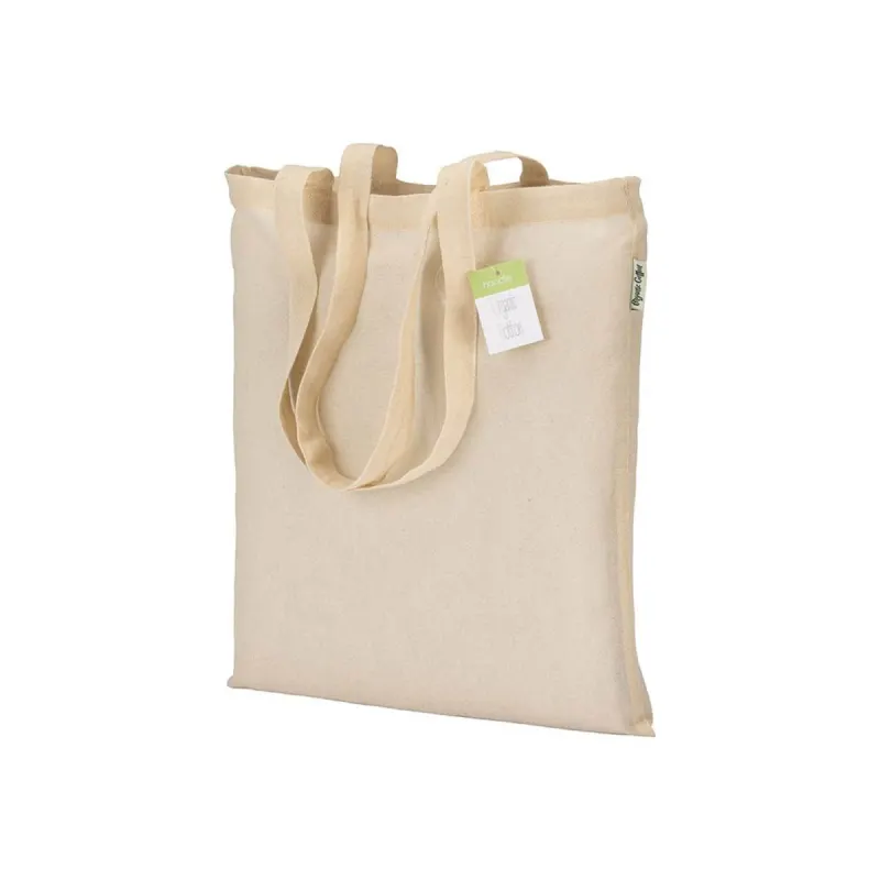 Pungă de cumpărături din bumbac organic, 100 g/m², cu mânere lungi – cu logo-ul firmei