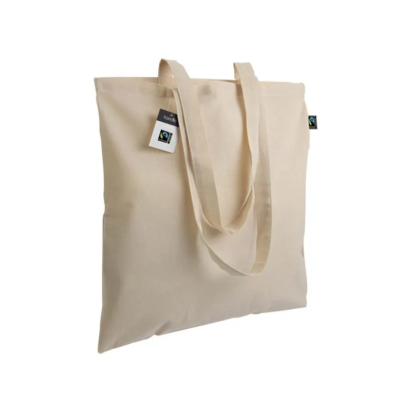 Pungă de cumpărături Fairtrade® de 140 g/m², cu mânere lungi – cu logo-ul firmei